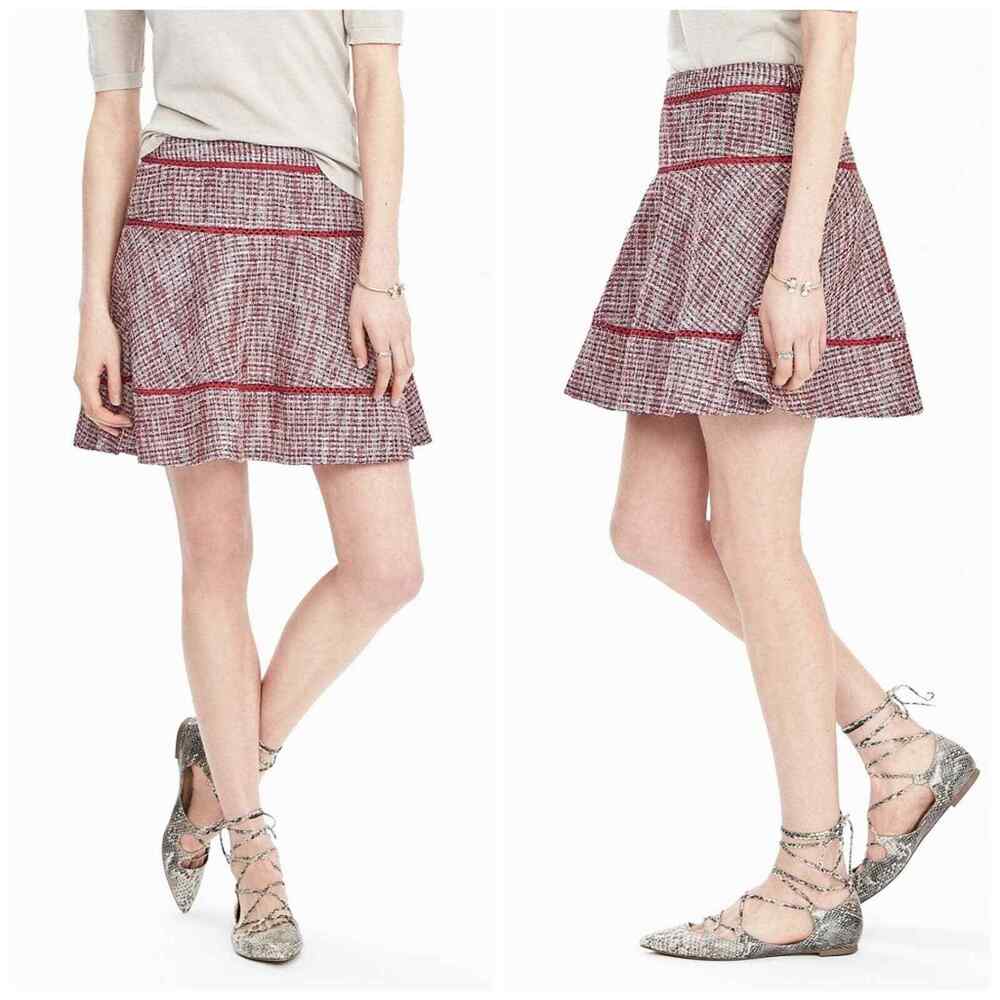 [Banana Republic] Red Pink Tweed Flounce Hem Tiered A-Line Mini Skirt Size 12